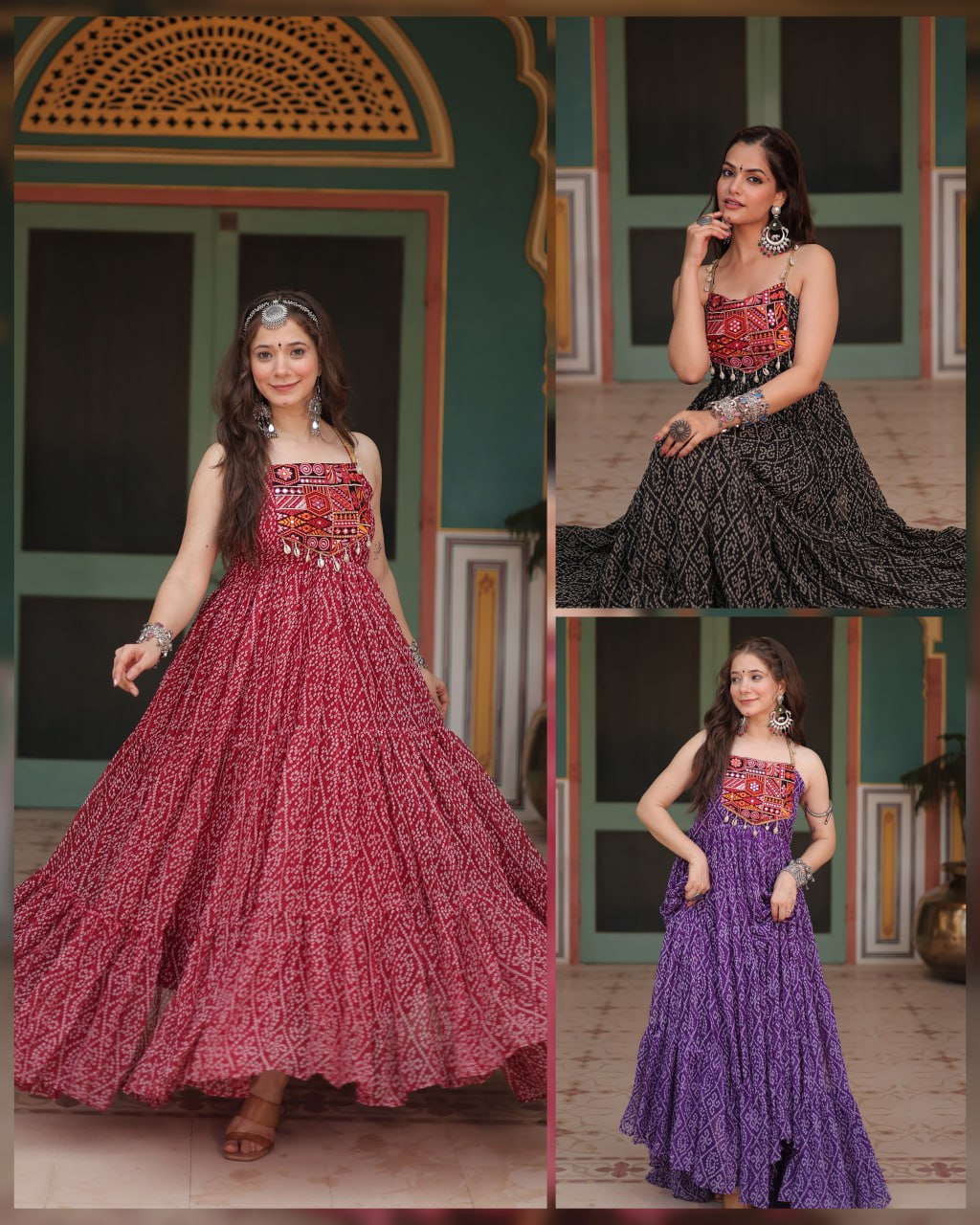 Reeva Festive Bloom Mirror Embellished Garba Gowns