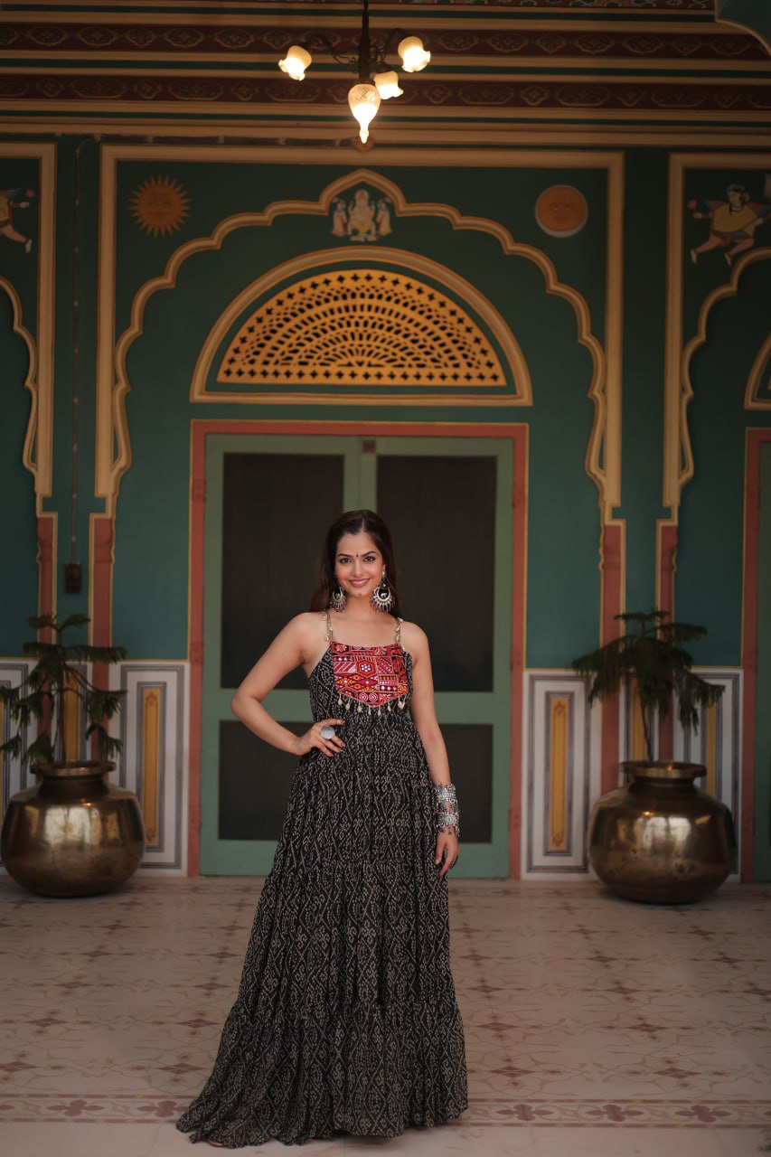 Reeva Festive Bloom Mirror Embellished Garba Gowns