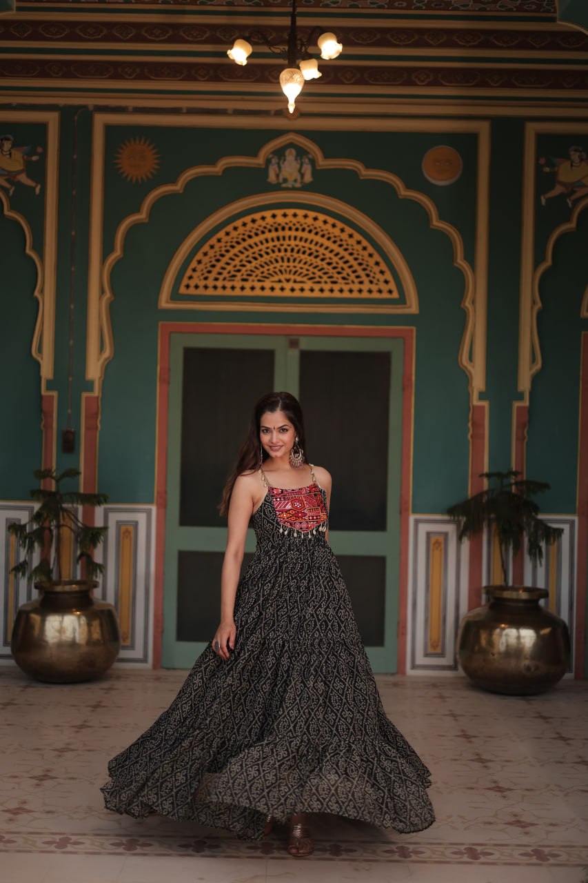 Reeva Festive Bloom Mirror Embellished Garba Gowns