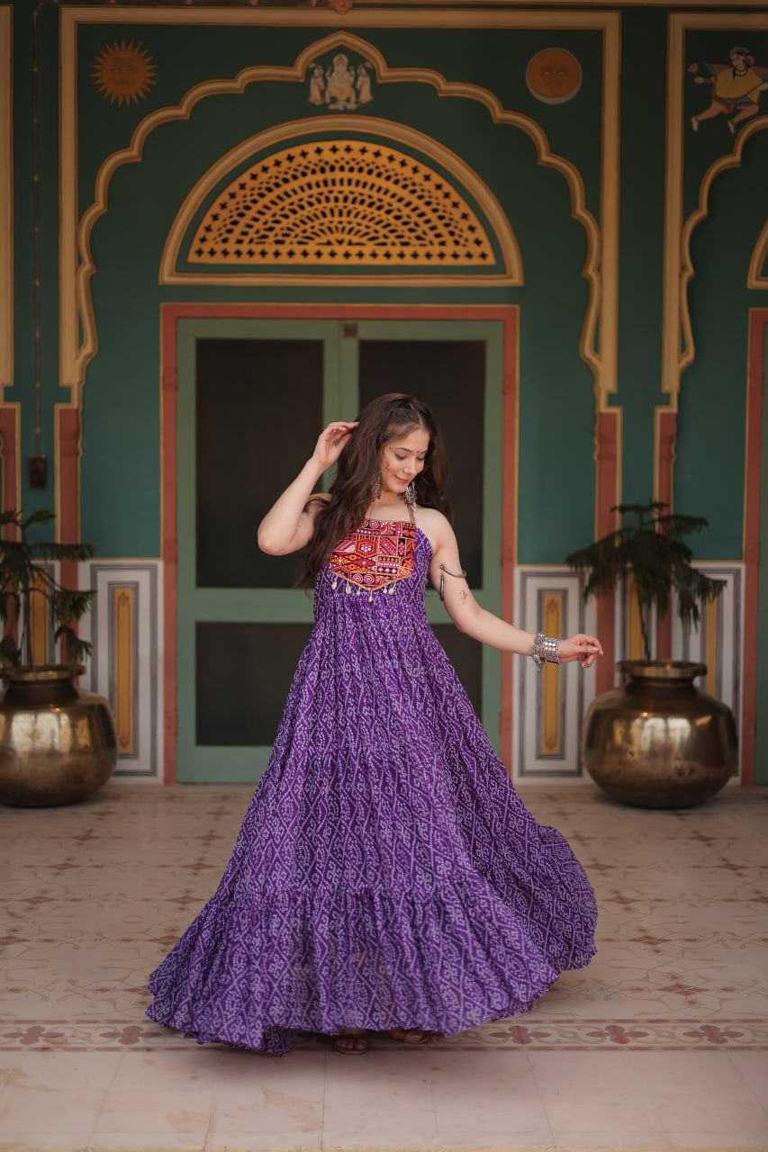 Reeva Festive Bloom Mirror Embellished Garba Gowns