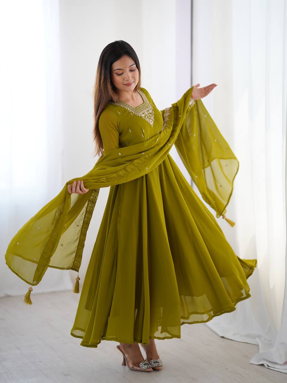 Verdant Grace: Embroidered Anarkali Gown with Dupatta