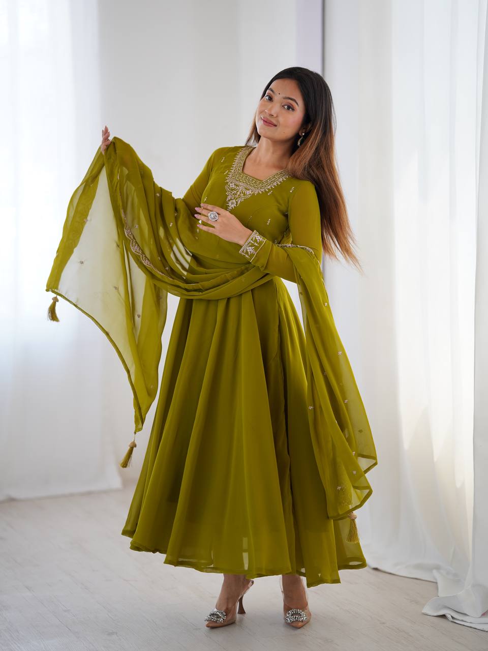 Verdant Grace: Embroidered Anarkali Gown with Dupatta