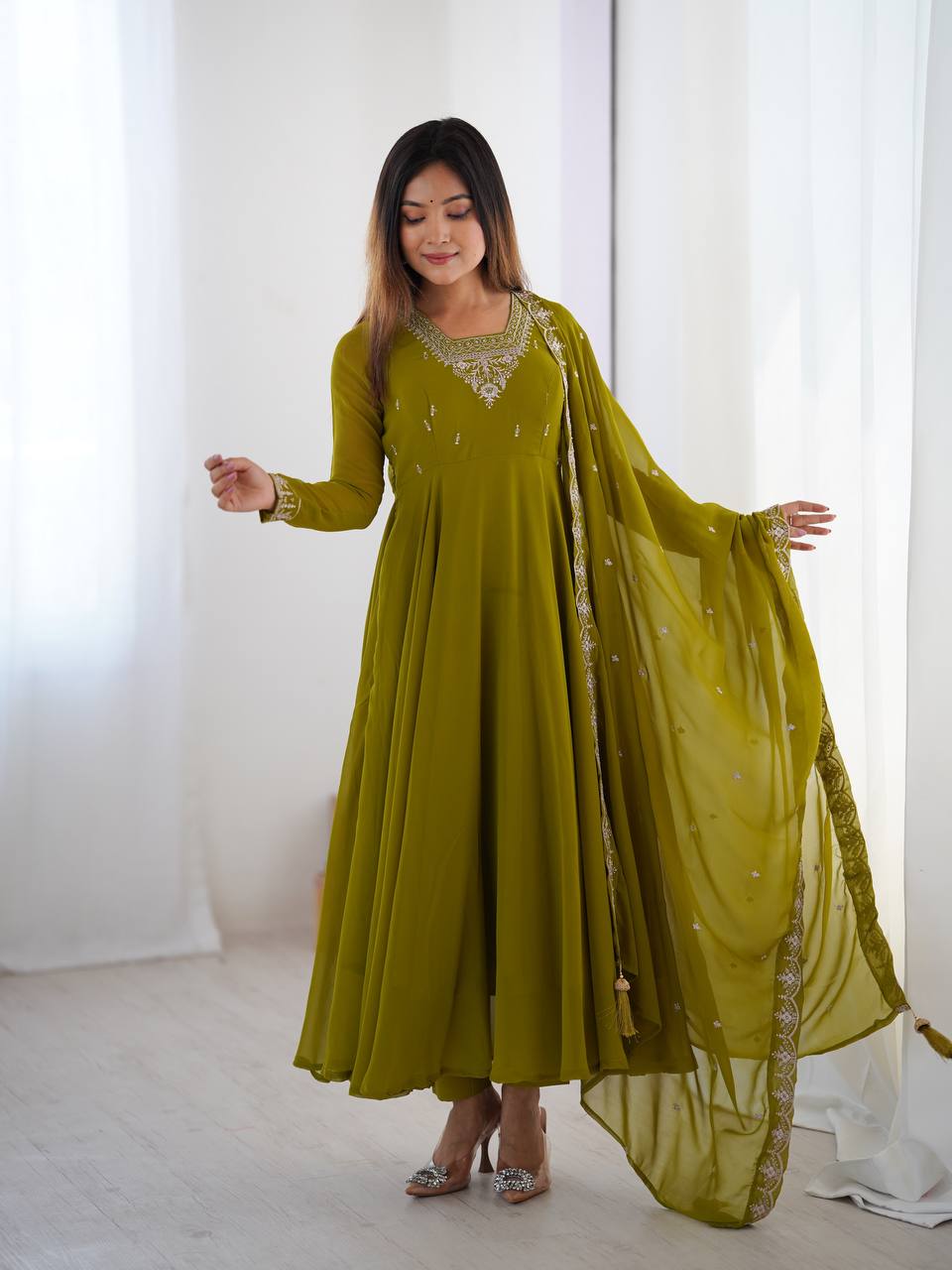 Verdant Grace: Embroidered Anarkali Gown with Dupatta