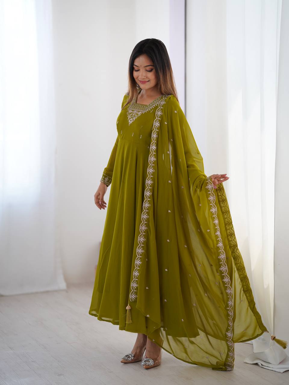 Verdant Grace: Embroidered Anarkali Gown with Dupatta