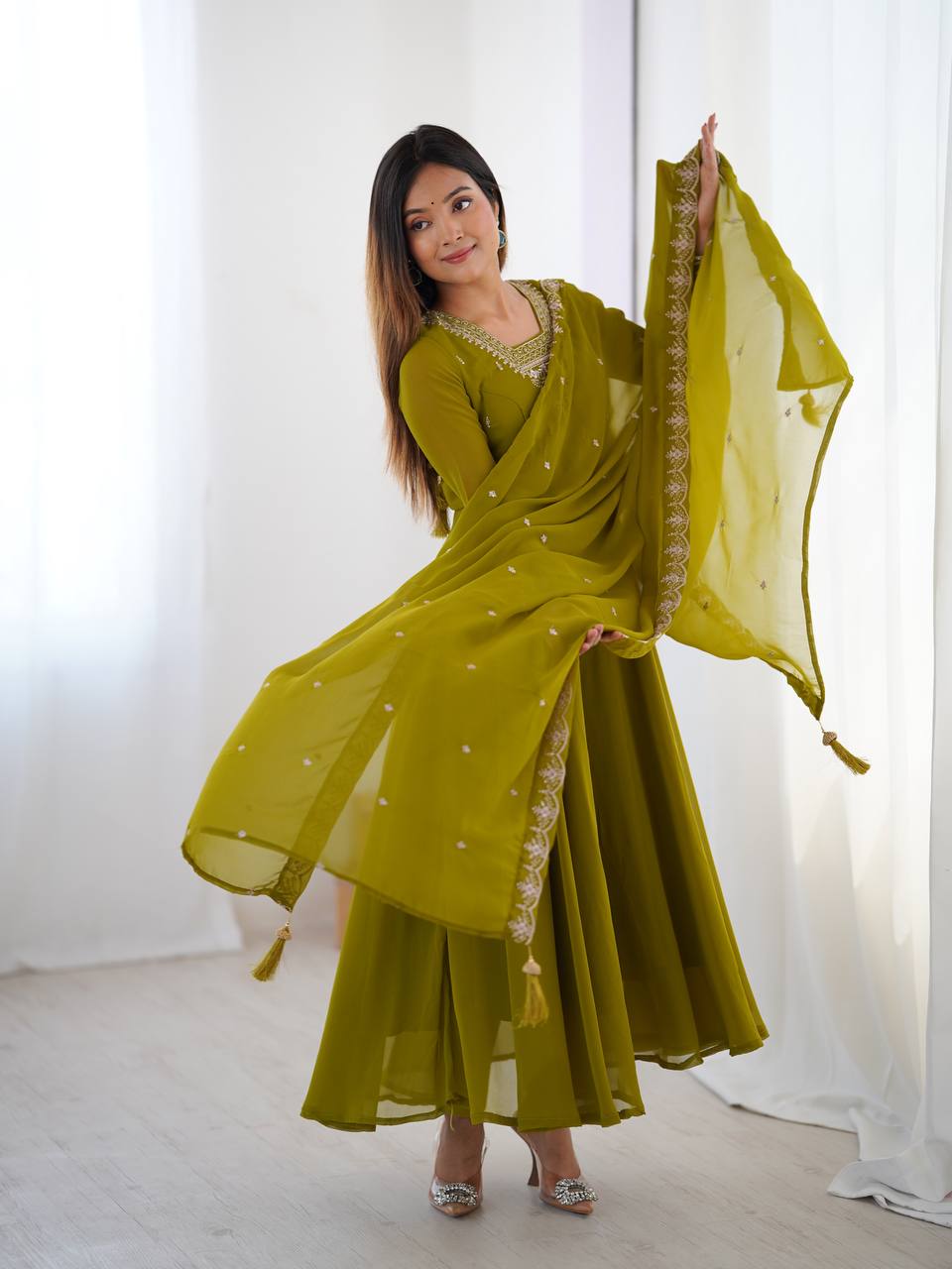 Verdant Grace: Embroidered Anarkali Gown with Dupatta