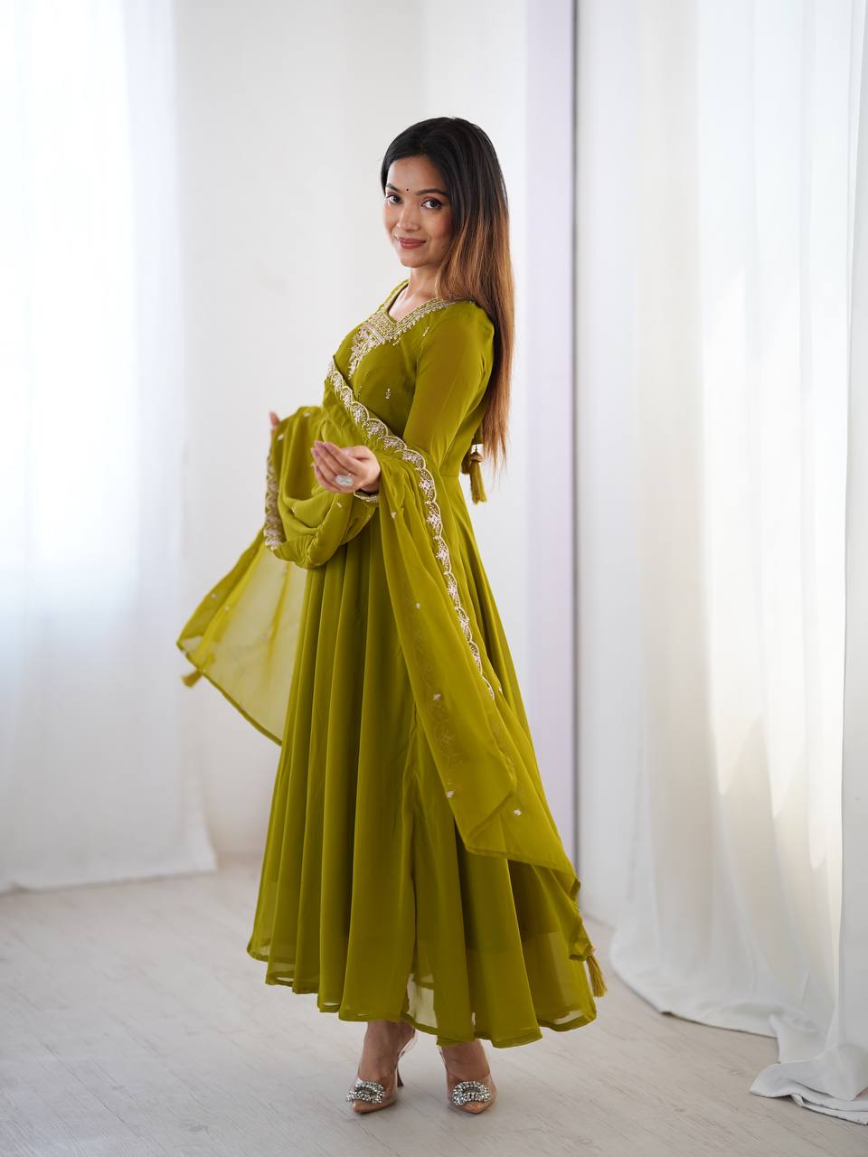 Verdant Grace: Embroidered Anarkali Gown with Dupatta