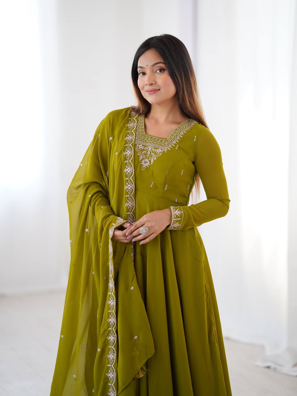 Verdant Grace: Embroidered Anarkali Gown with Dupatta