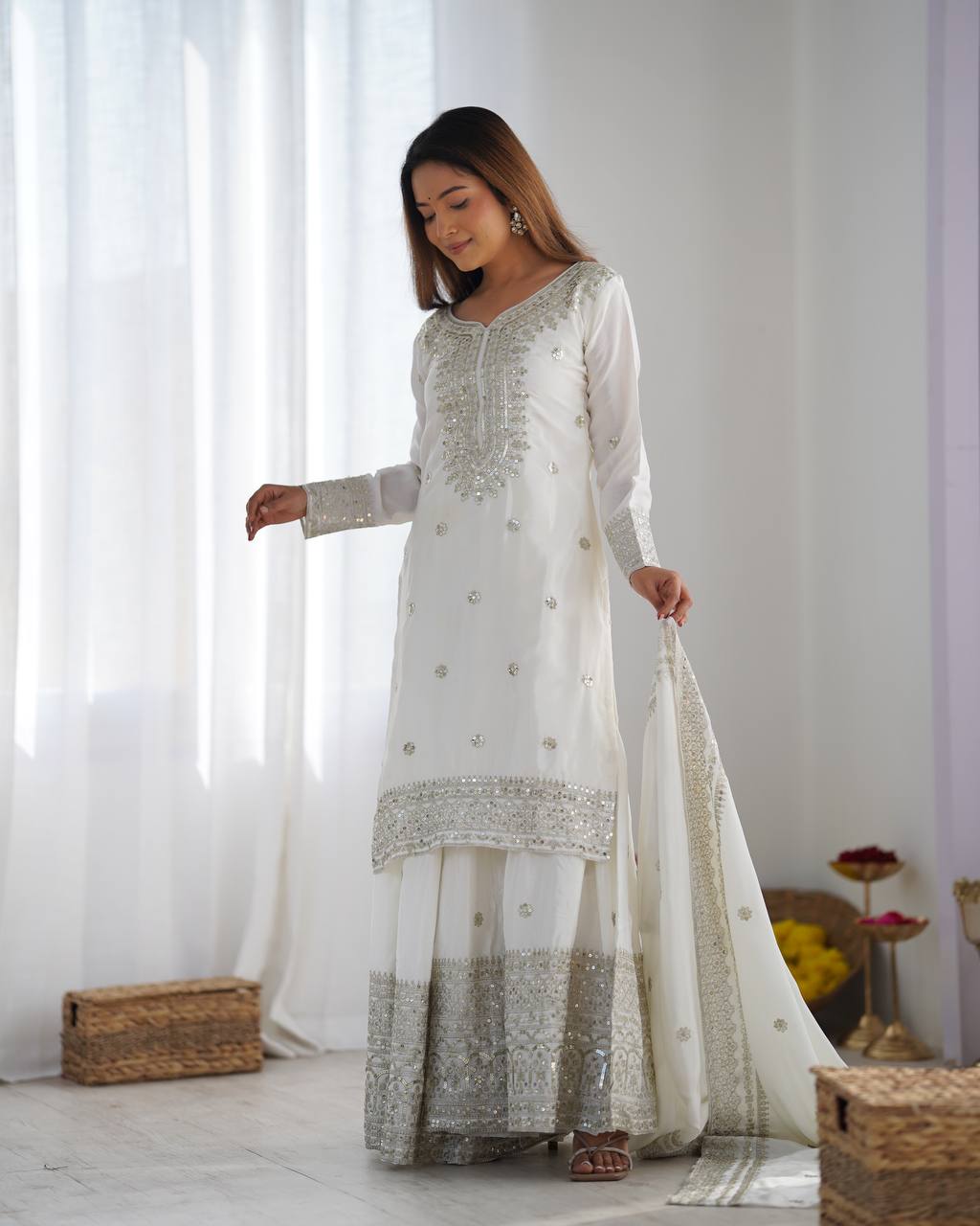 A Symphony of Ethnic Elegance Maroon And White Shararas