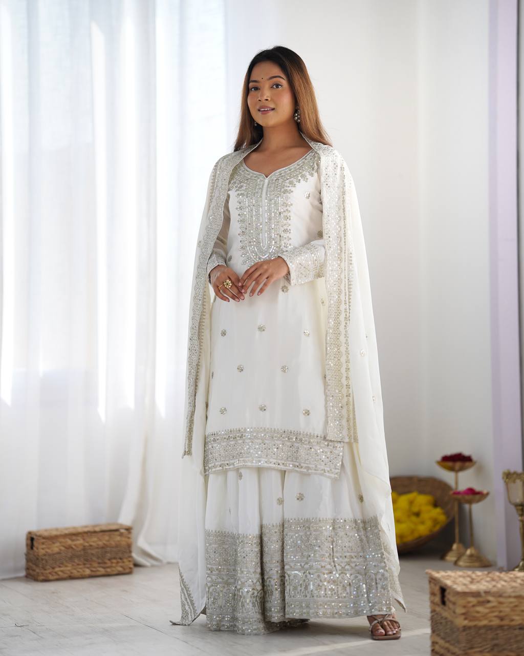 A Symphony of Ethnic Elegance Maroon And White Shararas