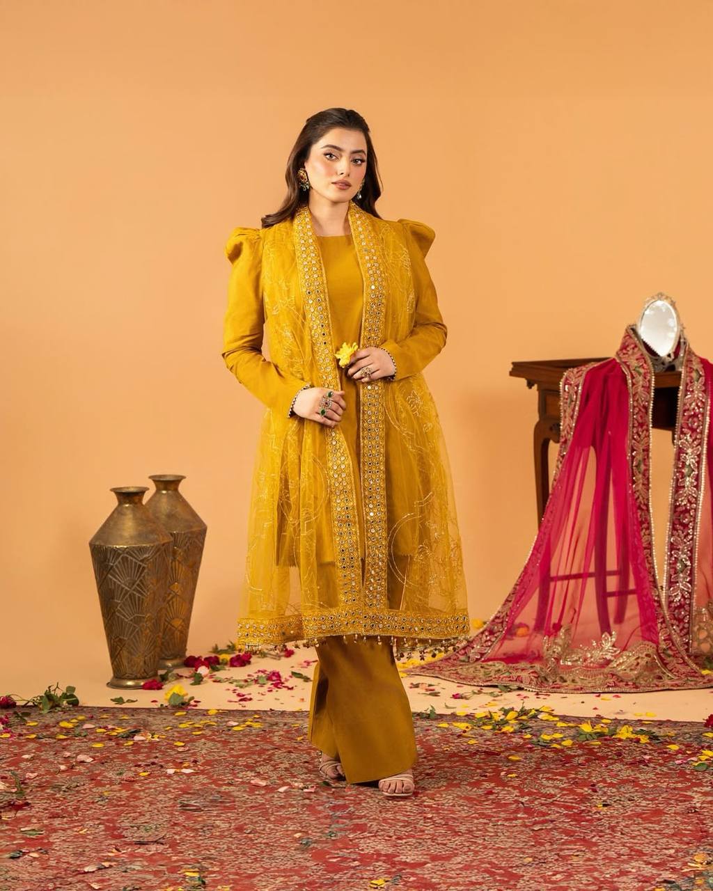 A Radiant Traditional Ensemble Festive Glamour Top With Farshi Salwar