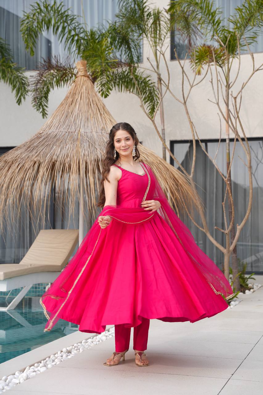 Ravi Rani Pink Romansilk Chanderi Anarkali