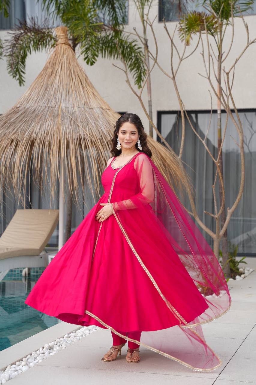 Ravi Rani Pink Romansilk Chanderi Anarkali