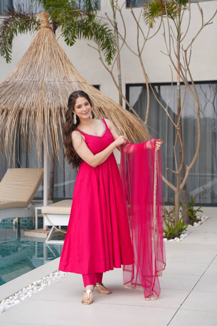 Ravi Rani Pink Romansilk Chanderi Anarkali