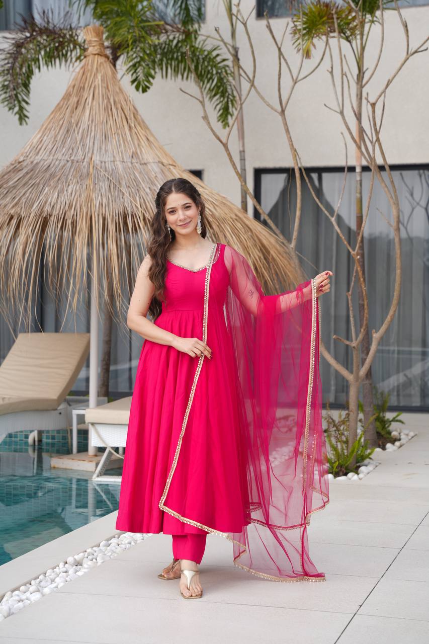 Ravi Rani Pink Romansilk Chanderi Anarkali
