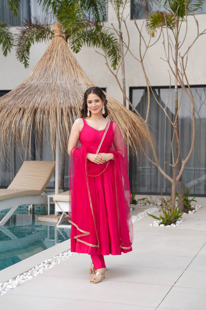 Ravi Rani Pink Romansilk Chanderi Anarkali