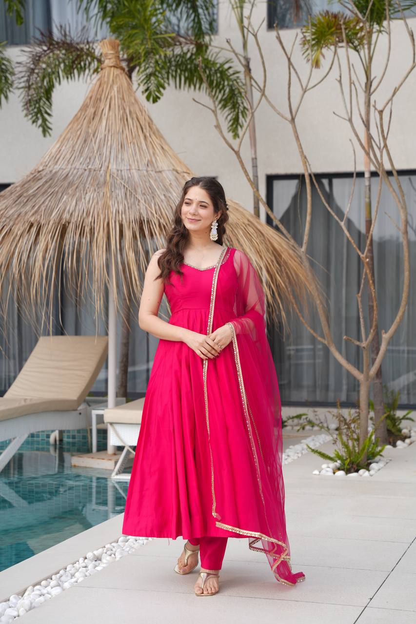 Ravi Rani Pink Romansilk Chanderi Anarkali