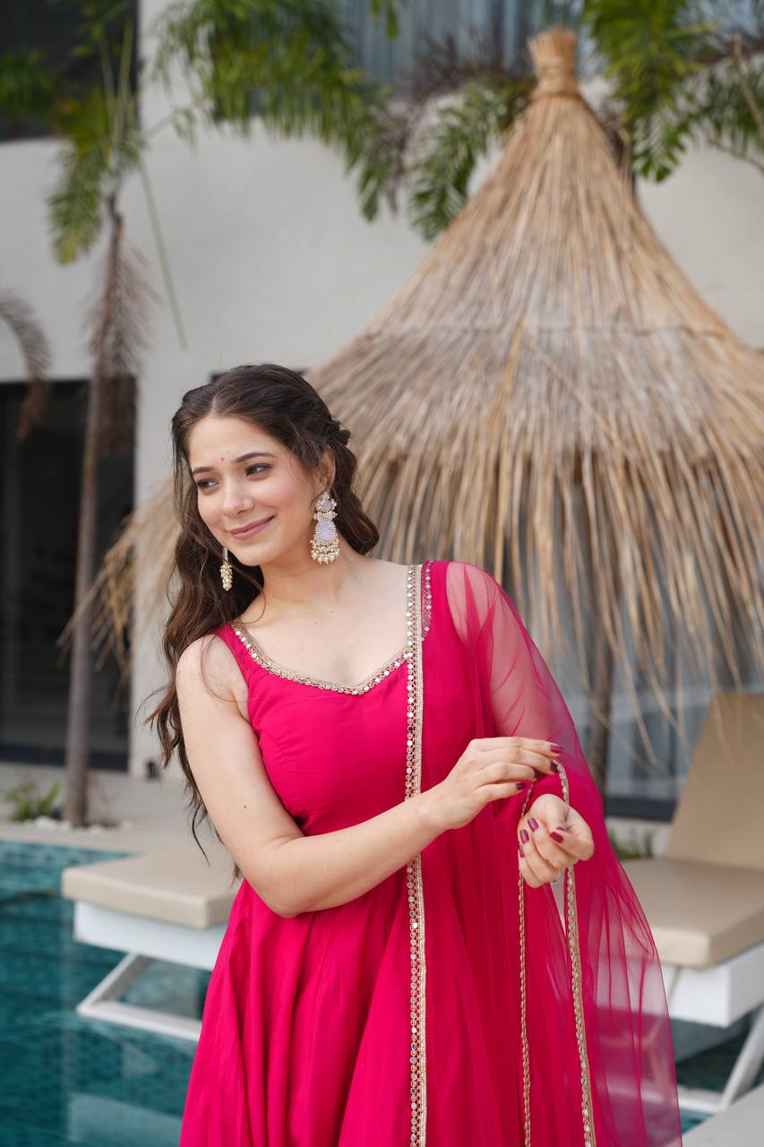 Ravi Rani Pink Romansilk Chanderi Anarkali
