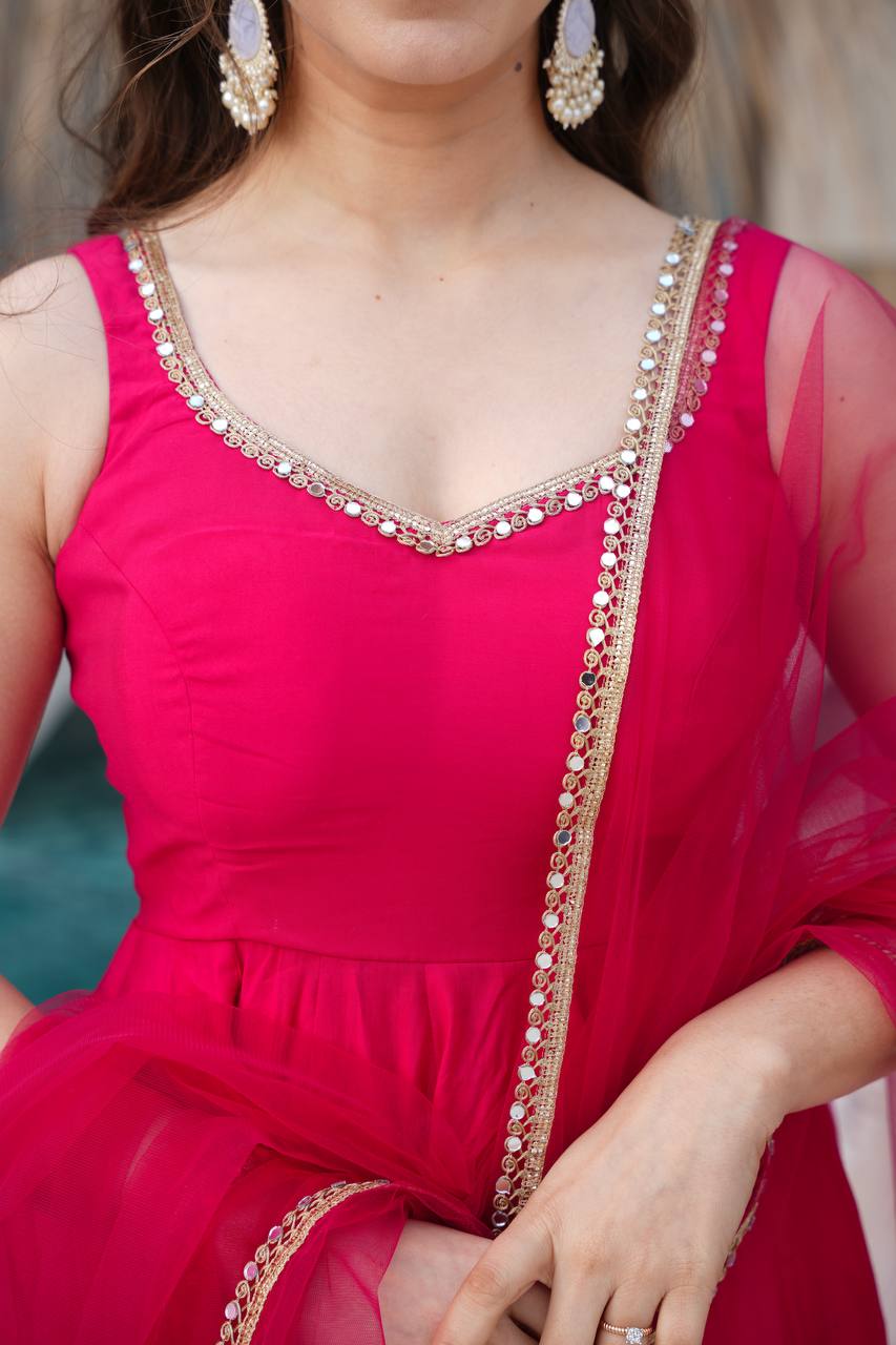 Ravi Rani Pink Romansilk Chanderi Anarkali