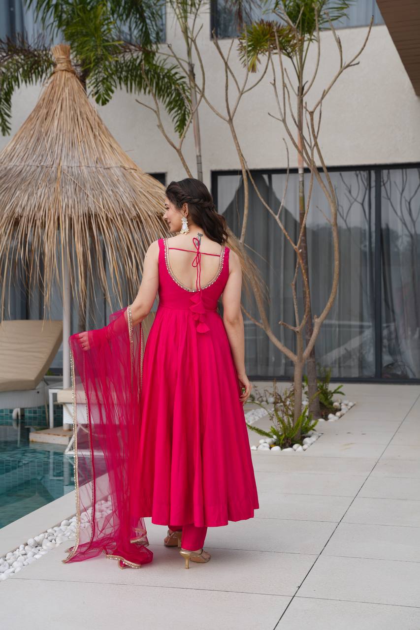 Ravi Rani Pink Romansilk Chanderi Anarkali