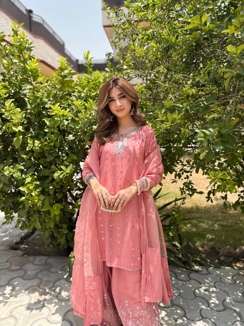 Aaria Blush Pink Chinnon Silk And Multi Needle Farshi salwar