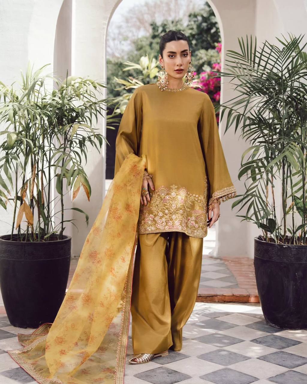 Musturd French Crep Silk Farshi Palazzo