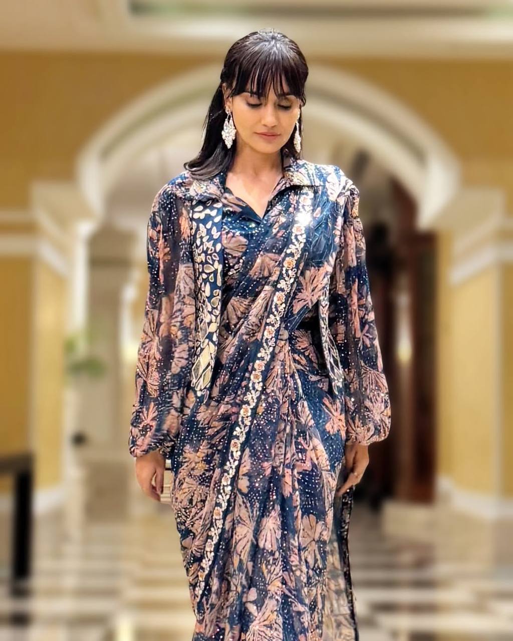 Indo-western Ready To Wear Saree With Fully Embroidered Mirror Work Koti