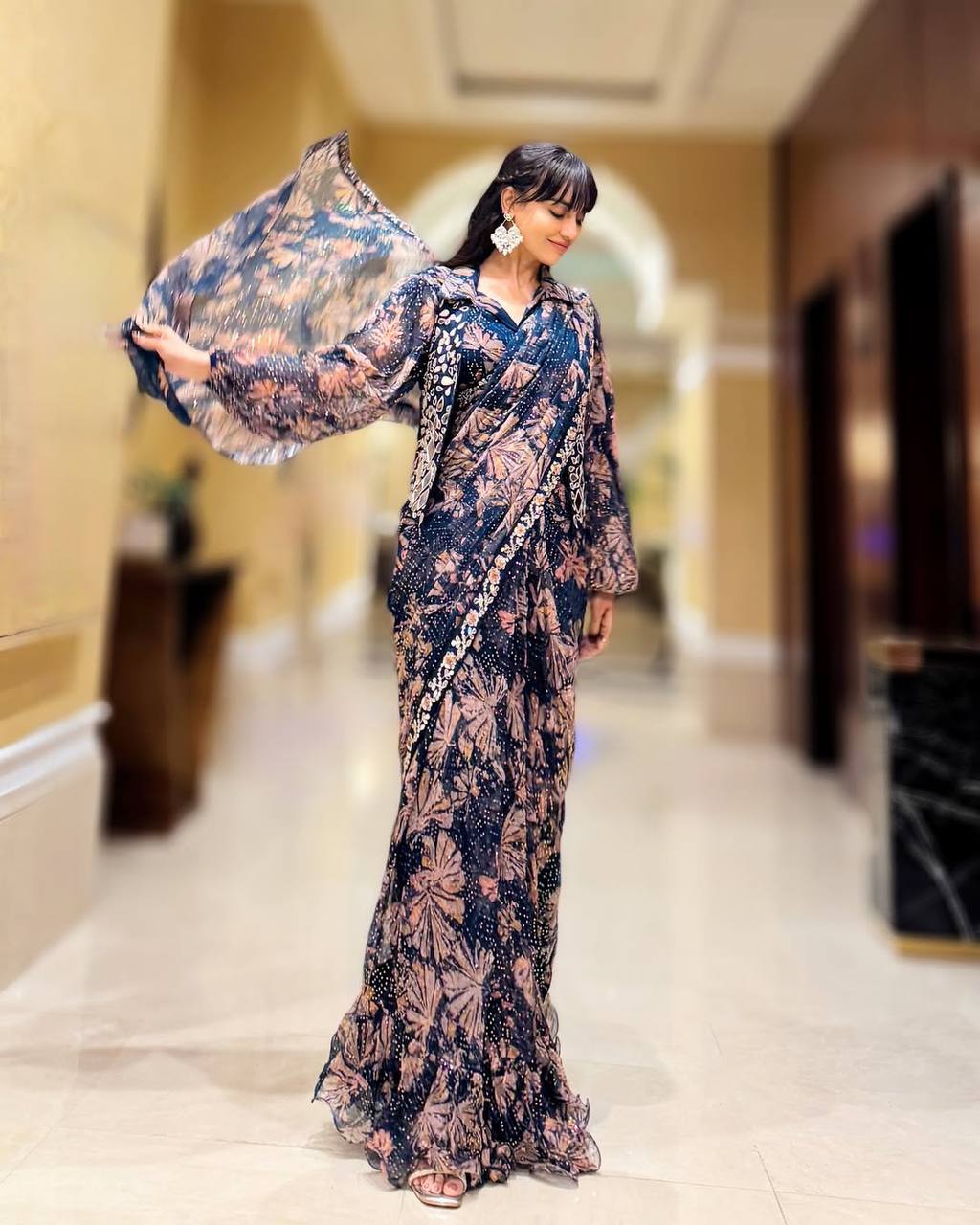 Indo-western Ready To Wear Saree With Fully Embroidered Mirror Work Koti