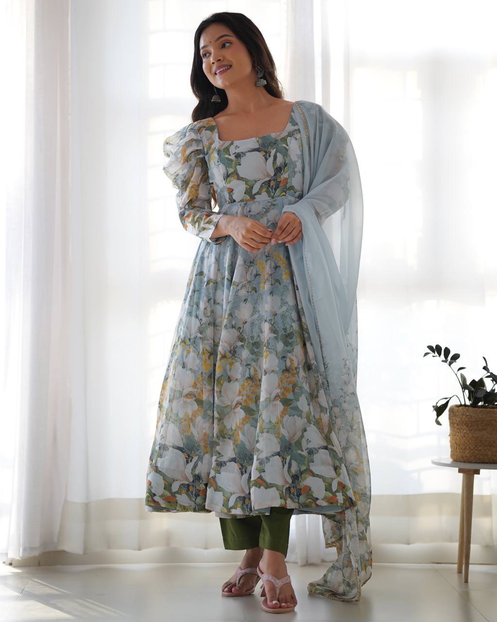 BloomAura Heavy Pure Soft Organja Silk Floral Print Anarkali Set