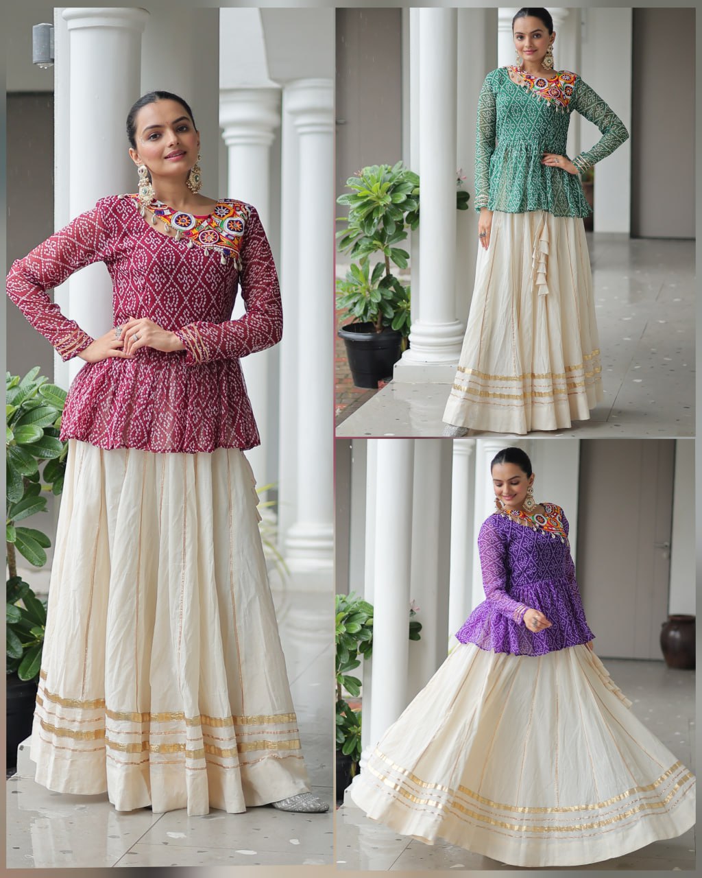 Lavya Mirror-Work Peplum Top with Cream Flared Lehenga