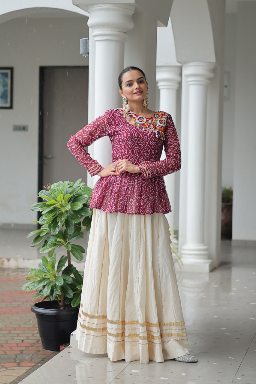 Lavya Mirror-Work Peplum Top with Cream Flared Lehenga