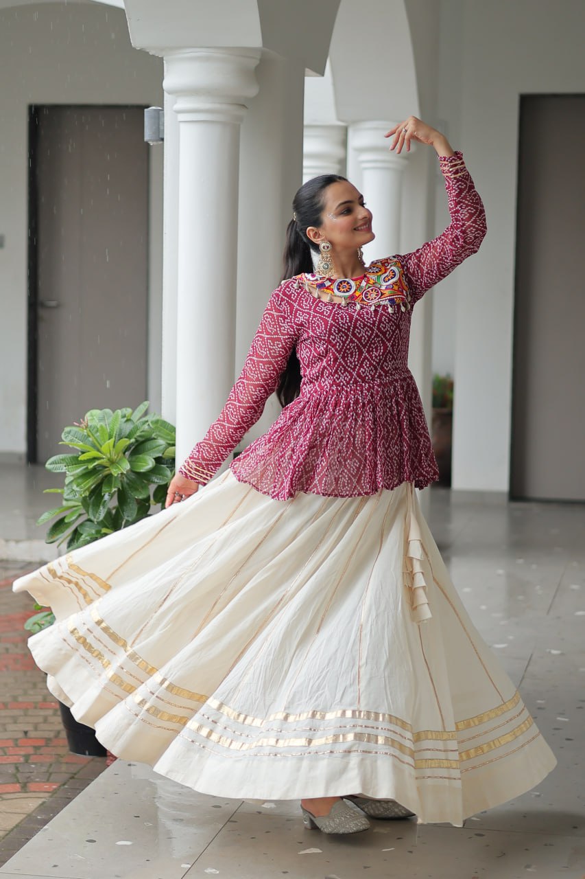 Lavya Mirror-Work Peplum Top with Cream Flared Lehenga