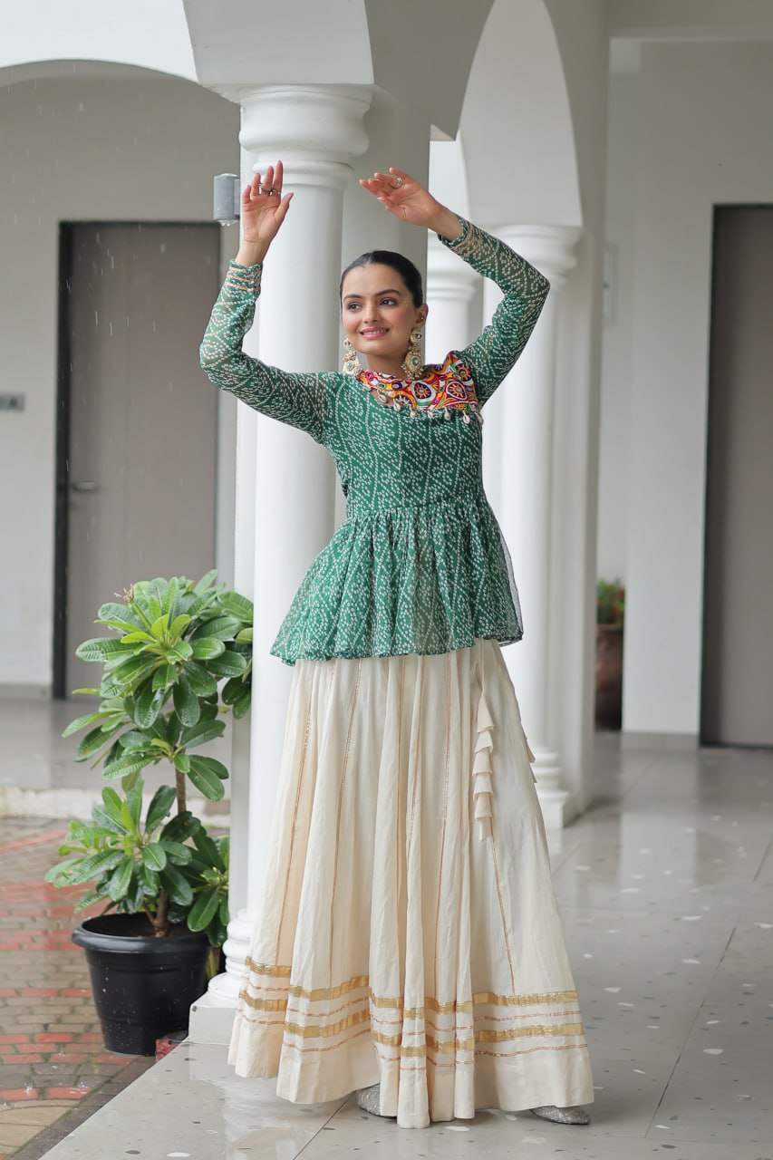 Lavya Mirror-Work Peplum Top with Cream Flared Lehenga