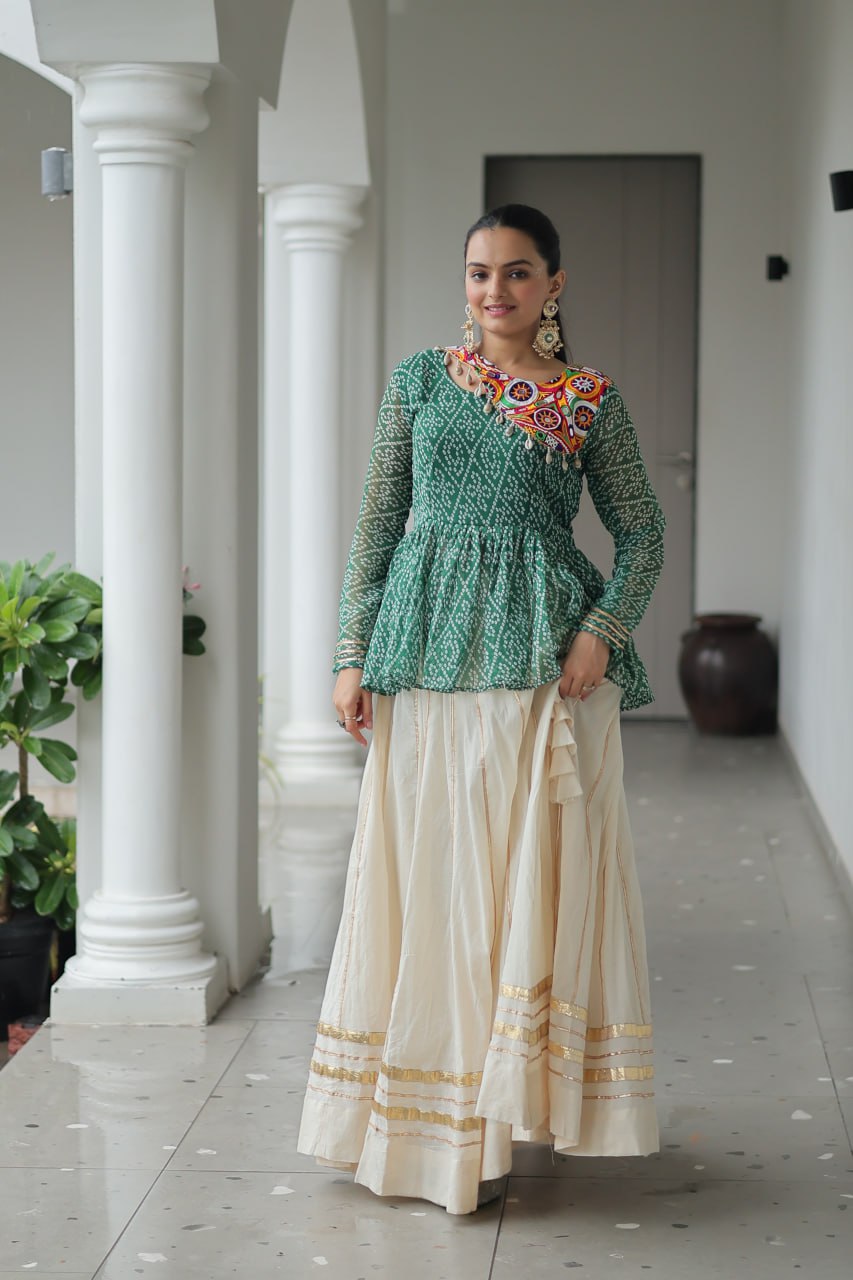 Lavya Mirror-Work Peplum Top with Cream Flared Lehenga