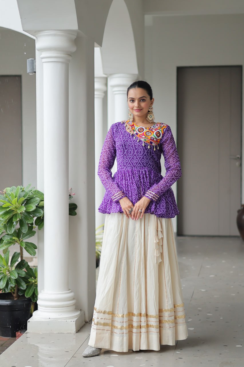 Lavya Mirror-Work Peplum Top with Cream Flared Lehenga