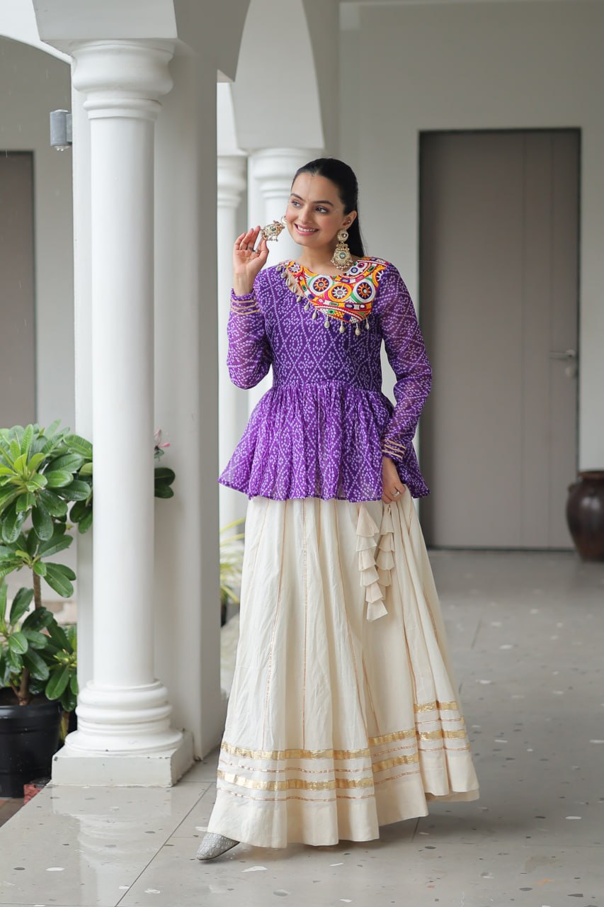 Lavya Mirror-Work Peplum Top with Cream Flared Lehenga