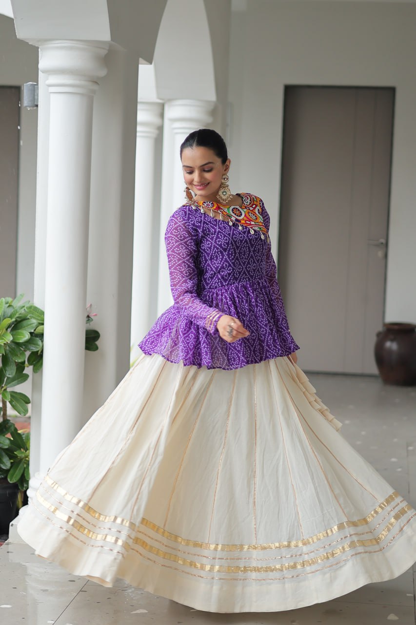 Lavya Mirror-Work Peplum Top with Cream Flared Lehenga