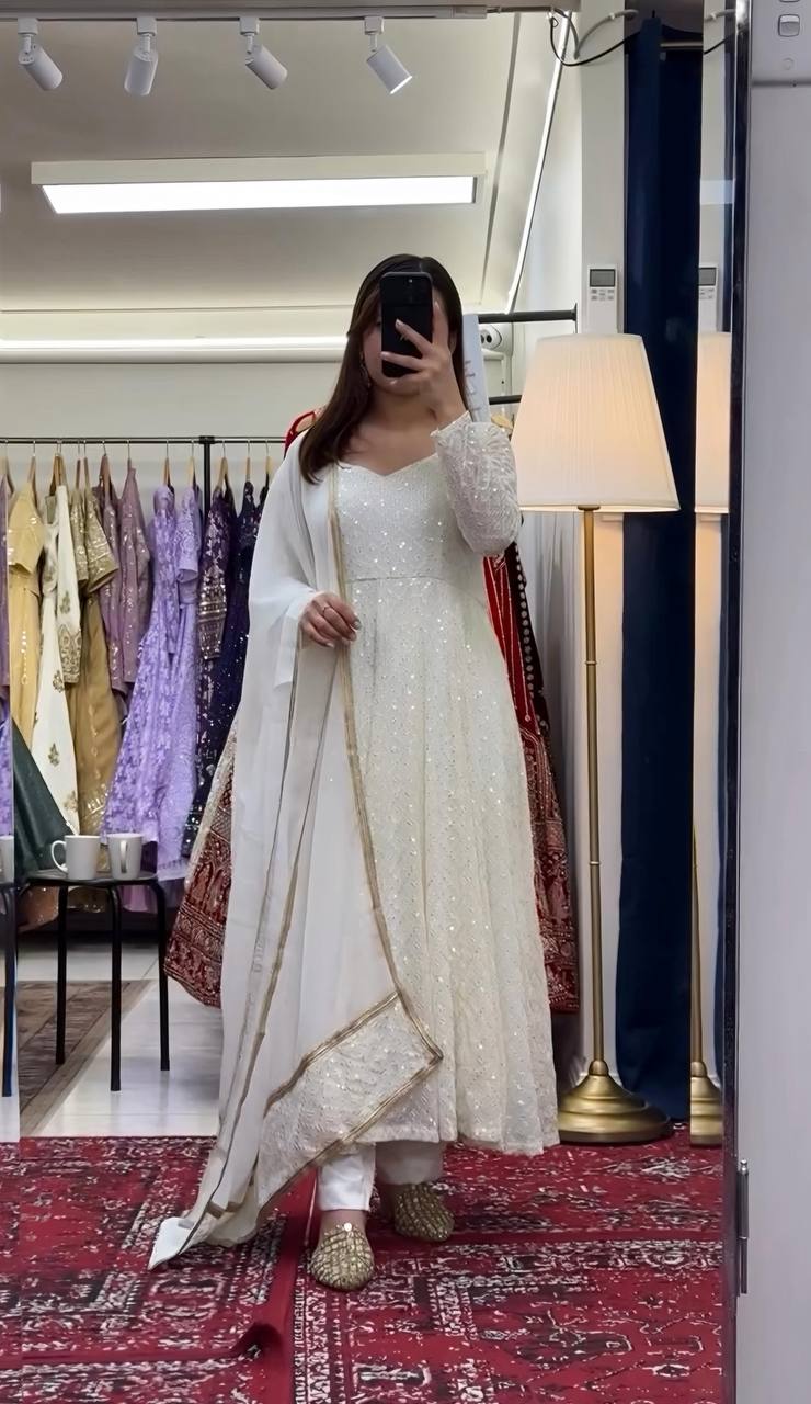 Chaandni Charm: White Anarkali with Golden Border Dupatta