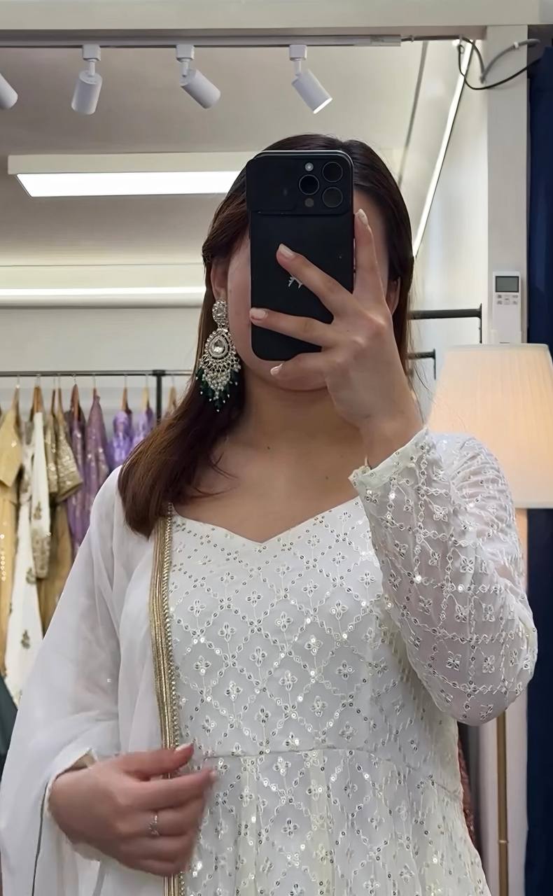Chaandni Charm: White Anarkali with Golden Border Dupatta
