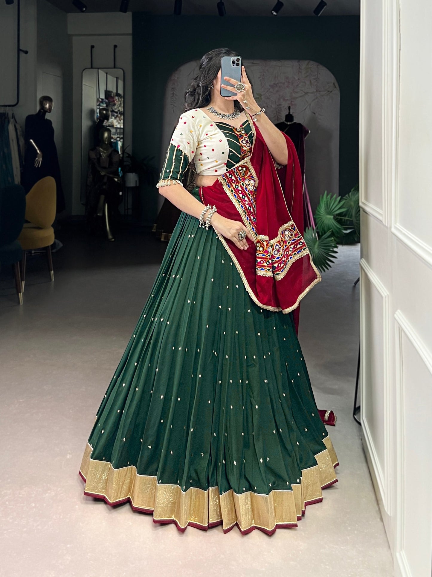 Green Mirror Work Chaniya Choli with Maroon Dupatta