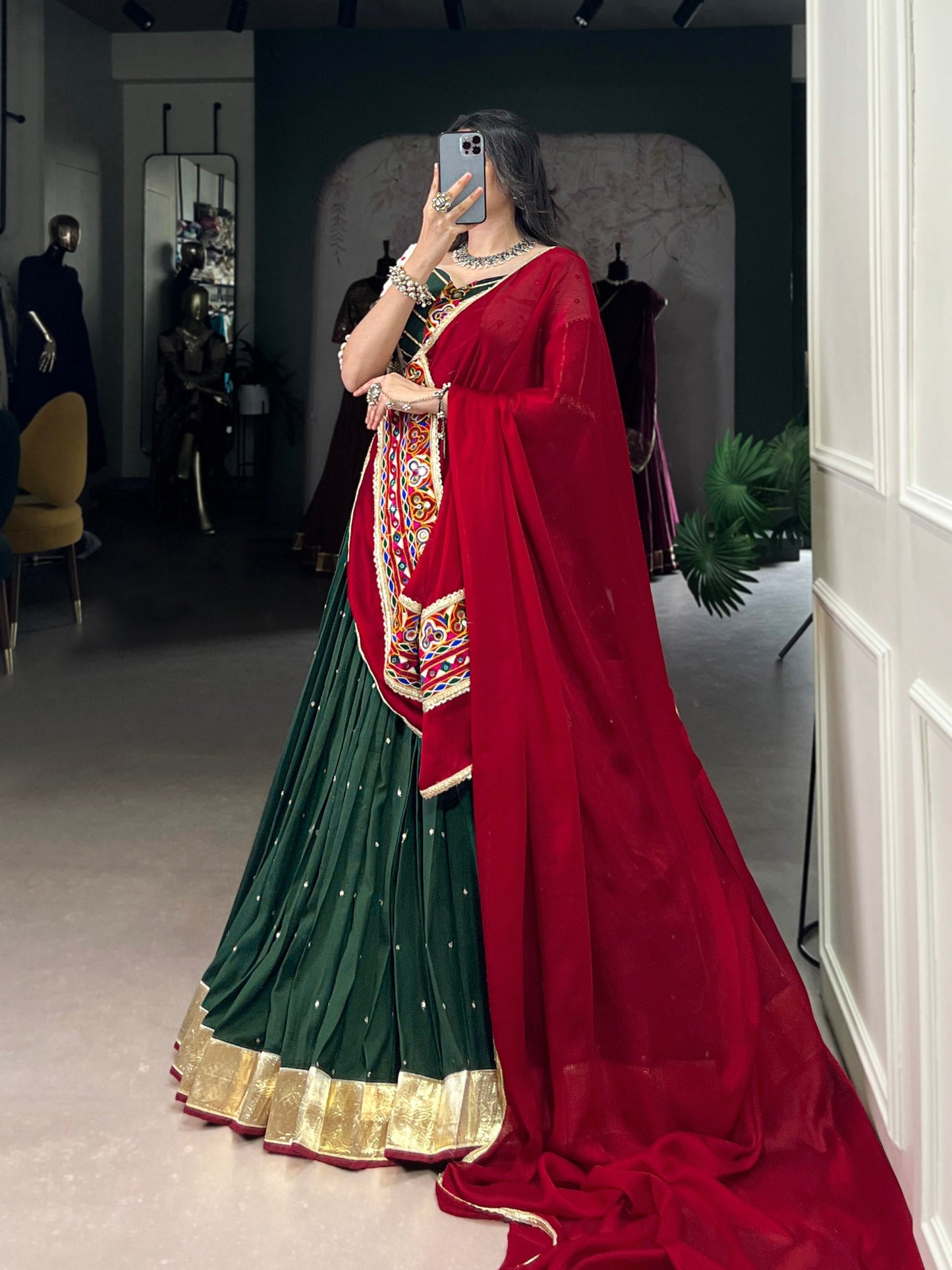 Green Mirror Work Chaniya Choli with Maroon Dupatta