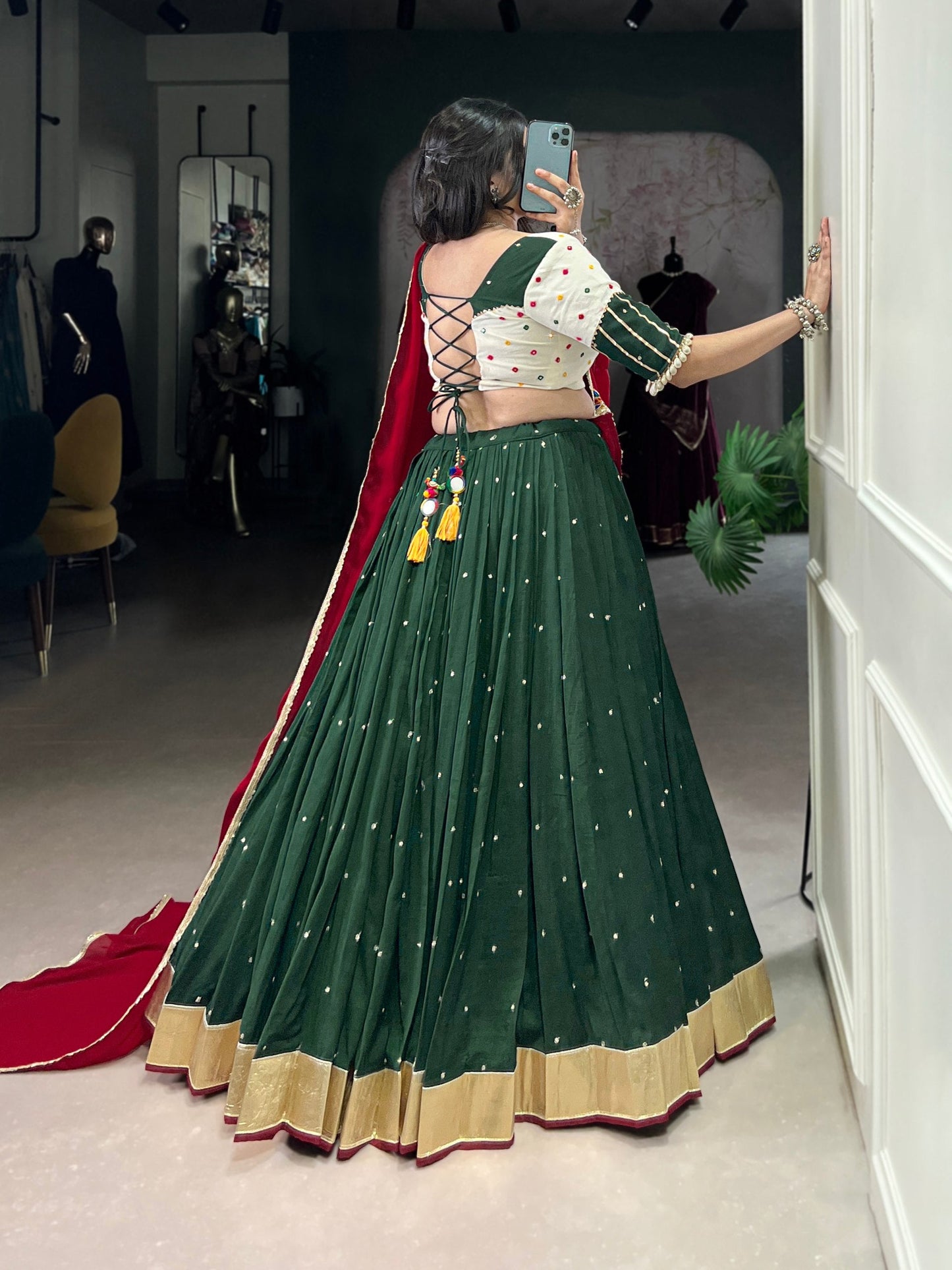Green Mirror Work Chaniya Choli with Maroon Dupatta