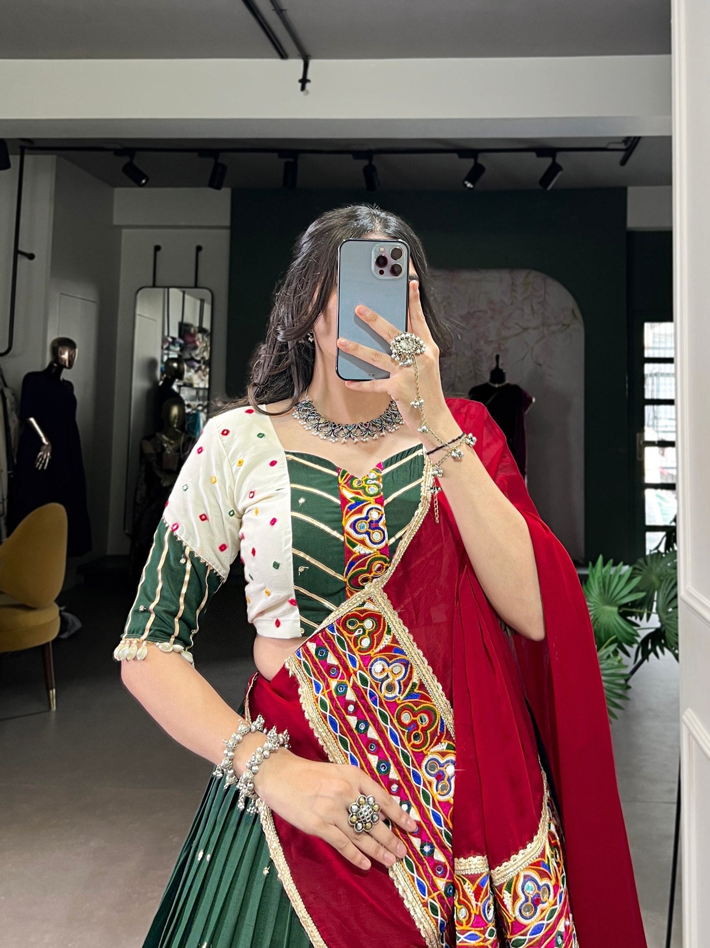 Green Mirror Work Chaniya Choli with Maroon Dupatta