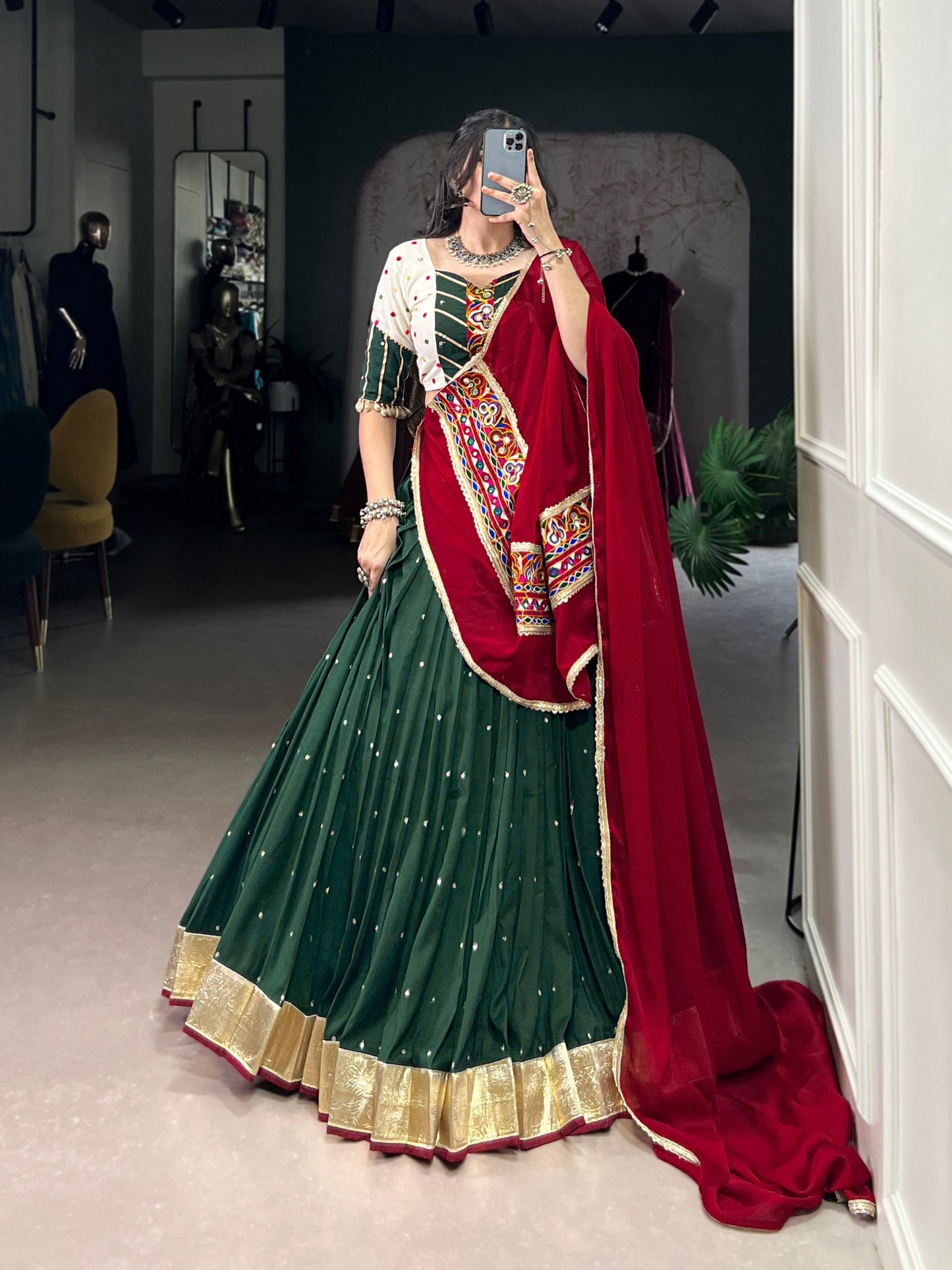 Green Mirror Work Chaniya Choli with Maroon Dupatta