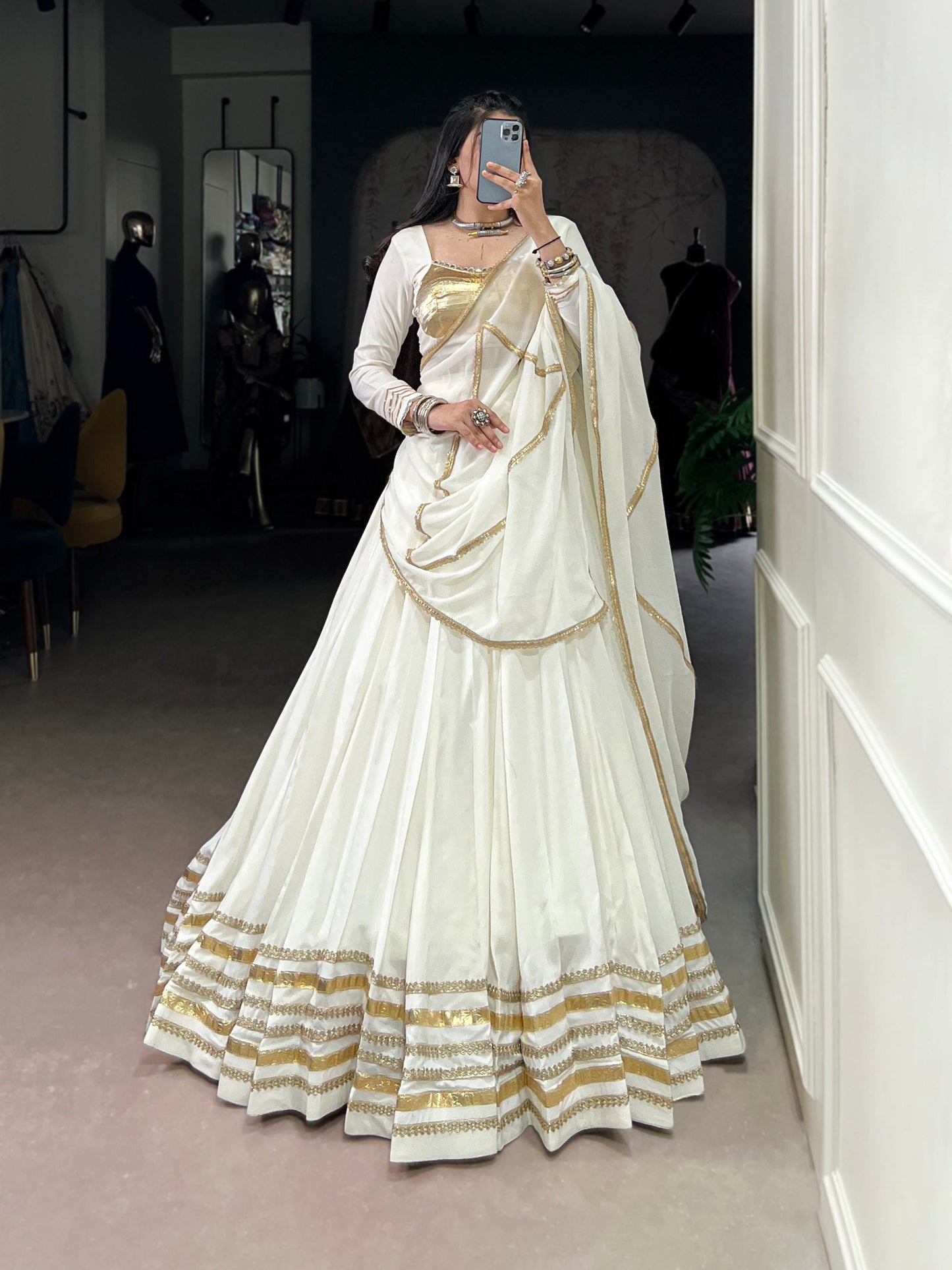 Rhea Ethereal Look White & Gold Flow Lehenga Set