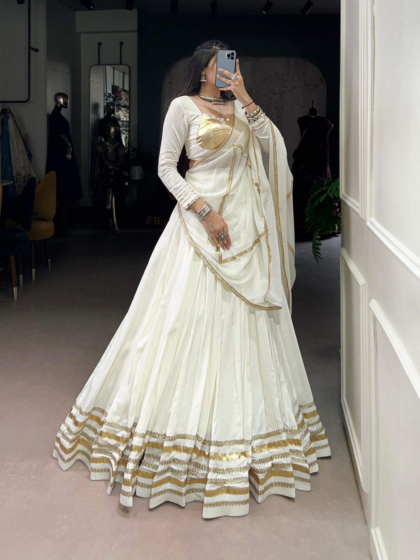 Rhea Ethereal Look White & Gold Flow Lehenga Set