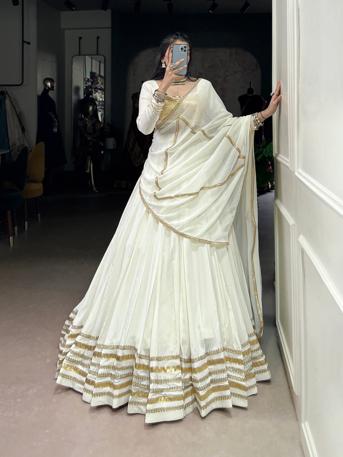 Rhea Ethereal Look White & Gold Flow Lehenga Set