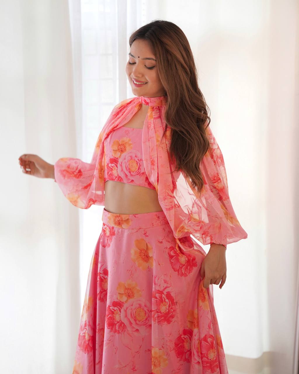 Blush Bloom Multi Floral Organja Fabric Lehengha Choli