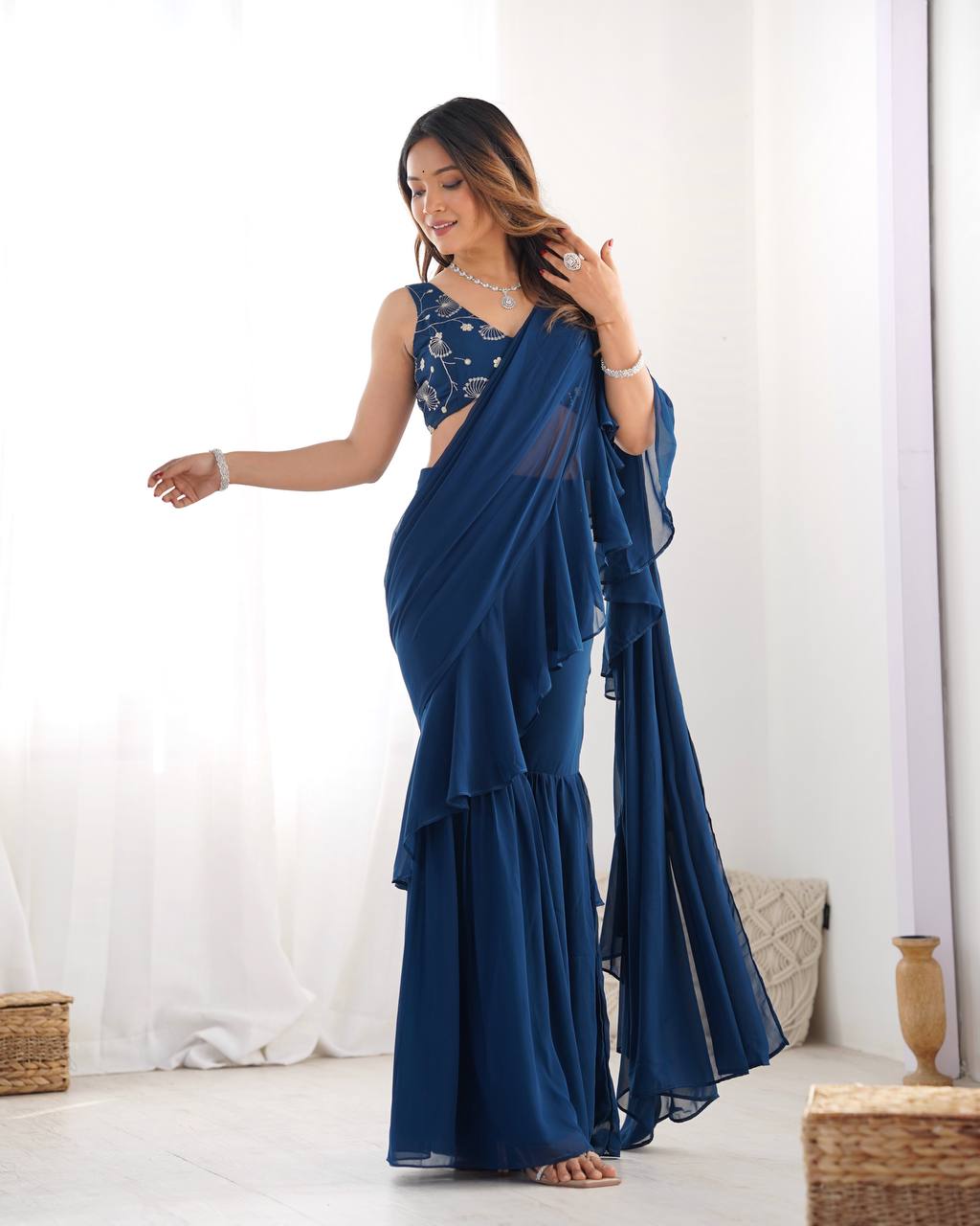 Stylish Navy Blue Ruffle Saree Pant Set