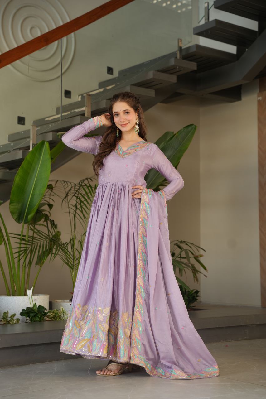 Graceful Chinnon with Sequins & Multi-Thread Embroidery Gown