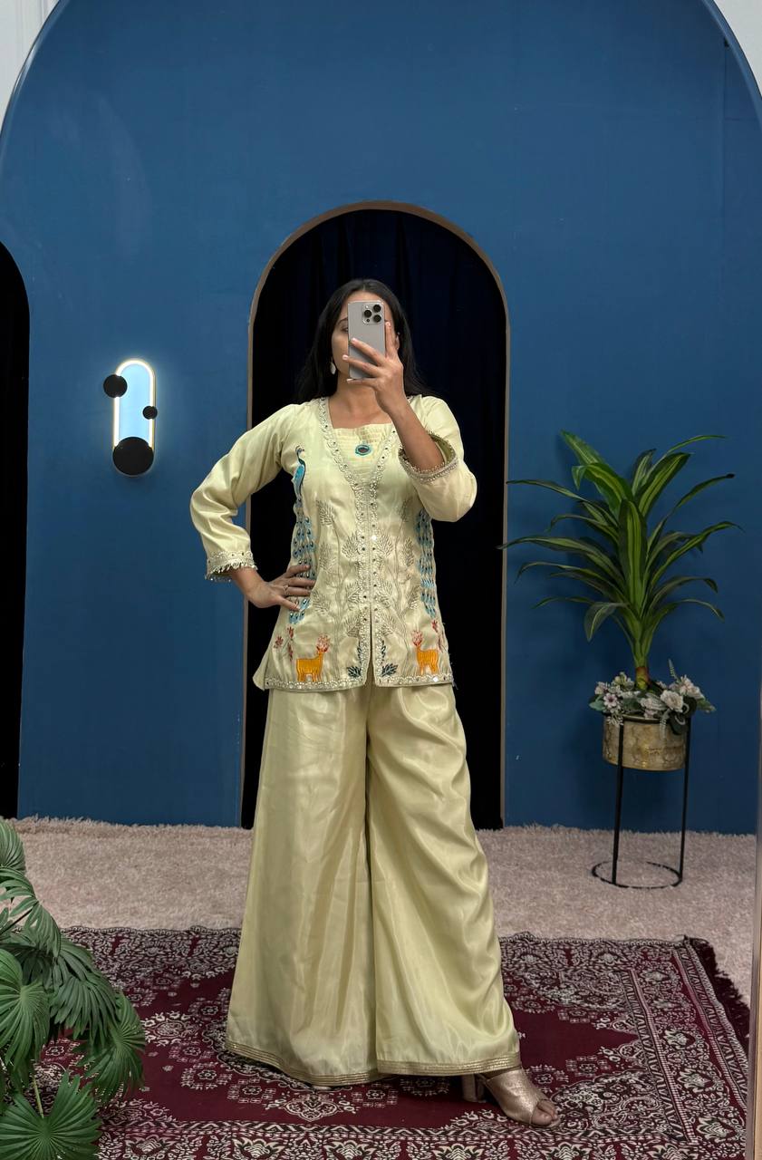 Adaayein Embroidered Koti Co-ord Set on Chimmar Fabric with Stitched Palazzo